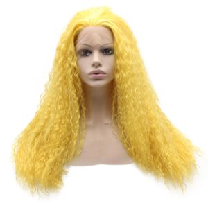 Pelo sintético largo y rizado con encaje frontal, peluca amarilla para fiesta de Cosplay, fibra resistente al calor