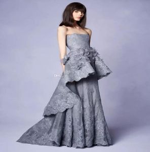 Vestidos de noche de encaje gris largo con adornos florales 3D Vestidos de fiesta de escote sin tirantes Marchesa Resort Collection1510101
