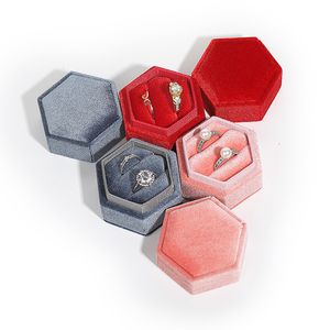 Boîte à bijoux hexagonale en velours, emballage de bague, pendentif, boucle d'oreille, coffrets cadeaux pour demande en mariage, fiançailles, mariage