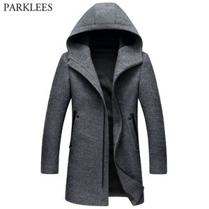 Long Hooded Trench Coat Hommes Brand New Winter Men s Cachemire À Capuche Veste Chaud Zipper Slim Coupe-Vent Laine Pea Coat Gris LJ201110