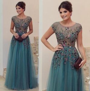 Longue mère robes de bal chasseur vert Illusion corsage perles mancherons formelle mère de la mariée Robe Robe de soirée