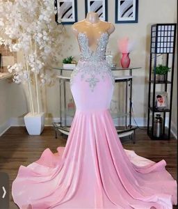 Robe de bal longue de forme sirène rose, tenue de soirée de luxe avec perles scintillantes, diamants et strass, tenue de bal de Gala pour filles noires, 2024