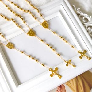 Chapelets catholiques scapulaires longs, perles Hombre, pendentif chrétien, colliers en or jaune 14 carats, bijoux ras de cou pour femmes et hommes