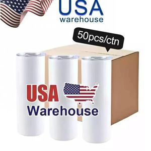 US CA STOCK 25pc / Carton Vasos aislados de acero inoxidable 20oz Taza blanca recta en blanco con tapa Tazas de sublimación de café de paja GJ0524