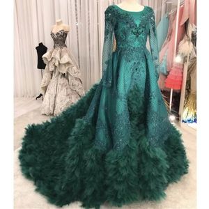 Vestido de fiesta verde de manga larga, vestido de baile de lujo con apliques de encaje, vestidos modestos con cuentas de plumas, vestido de graduación