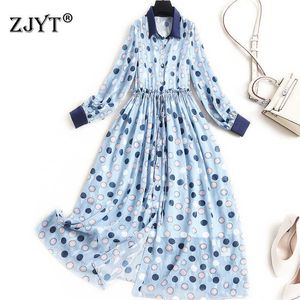 Manches longues Polka Dot Imprimer Midi Robe en mousseline de soie Printemps Femme Vêtements Mode Turn Down Collier Robes Casual Robe Femme XXL Taille 210601