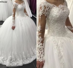 Robe de mariée musulmane arabe de Dubaï, manches longues, col rond, appliques de dentelle glamour, grande taille, robes de cérémonie formelles, jupe bouffante en tulle CL2439