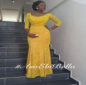 Vestidos de noche de talla grande de encaje amarillo de manga larga 2016 Diseño Aso Ebi Moda Mujer Vestidos de noche formales Vestidos largos de fiesta con vaina 2223643