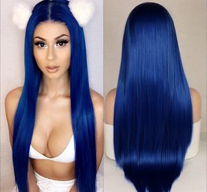 Peluca con malla frontal sintética de pelo largo y liso, Color azul, parte media, pelucas sin cola prearrancadas para mujeres negras