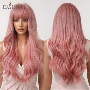 Pelucas rosadas onduladas largas con flequillo Pelucas de cabello sintético colorido para mujeres Cosplay Lolita Party Fibra natural resistente al calor directo