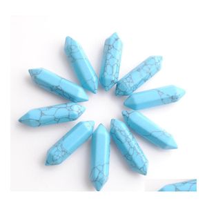Pierres précieuses en vrac en gros 30x8 mm turquoises bleues pilier hexagonal Reiki Chakra pierre sans trou perles accessoires pour la recherche de bijoux D Dhvpf