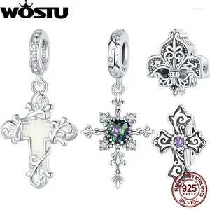 Pierres précieuses en vrac WOSTU 925 argent Sterling en forme de coeur pendentif croix en verre Vintage Iris perles de Silicone adapté au Bracelet original bijoux à bricoler soi-même