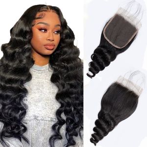 Loose Wave 4x4 Lace Closure Brazilian Virgin Human Hair Transparent Swiss Lace Free Part Pre Plucked with Baby Hair Natural Black