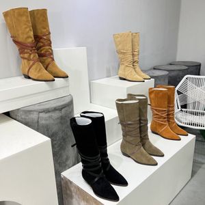 Lophie Sangle de corde Wrap Hallf Boots bloc talons épais semelle en cuir à lacets bottillons à bout pointu créateurs de luxe pour femmes mode chaussures occidentales chaussures d'usine