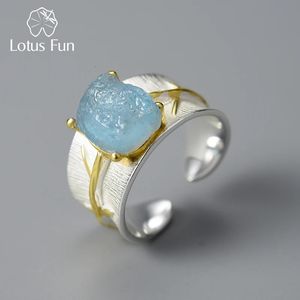 Lotus Fun longues feuilles aigue-marine naturelle pierres précieuses anneaux réglables pour les femmes 925 en argent Sterling Original luxe bijoux fins 240106