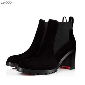 Loubutinly Christians Botas de tobillo de diseñador de moda de lujo con fondo rojo Suela de lengüeta Marchacroche Bota de mujer Tacones gruesos Moda Mujer Martin Botas EU35-43 K55T