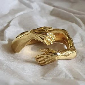 Anillos apilables de mano para abrazar el amor para mujeres y hombres, puño abierto ajustable, anillo de oro de 14 quilates, anillo de abrazo, anillos de pareja, regalos de joyería punk vintage