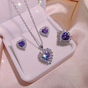 Precioso azul de lujo CZ Zircon corazón anillos de diseño para mujeres amor corazones dulce brillante cristal púrpura anillo de piedra pendientes collares conjunto de joyas