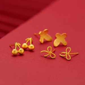 Pendientes encantadores para niñas y niños, aretes clásicos rellenos de oro amarillo de 18k con cereza/mariposa/lazo, bonito regalo para niños