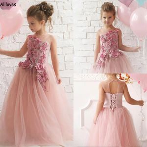 Belles robes de demoiselle d'honneur rose pour le mariage Une ligne Tulle Sheer Neck Little Girl's Pageant Party Robes avec des fleurs 3D Long Princess Kids First Communion Dress CL2124