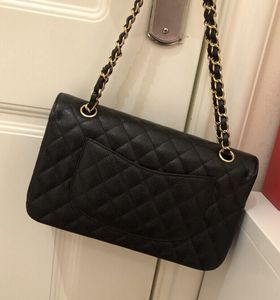 Precio más bajo, bolsos de alta calidad, bolsos clásicos para mujer, bolso de hombro doble/sigle mediano para mujer, monedero de cuero real para mujer, cadena de plata dorada con solapa de 25 cm con bolsa para el polvo