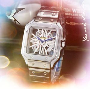 Prix le plus bas vente hommes carré creux cadran Transparent montres mouvement à Quartz mâle horloge montre Cool président saphir verre réservoir romain montre-bracelet cadeaux