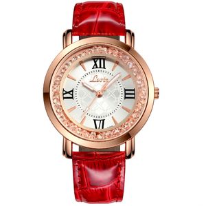 LSVTR, reloj de mujer brillante con diamantes que fluyen especiales, relojes de cuarzo de moda de lujo para mujer, relojes de pulsera coloridos con correa de cuero para estudiantes