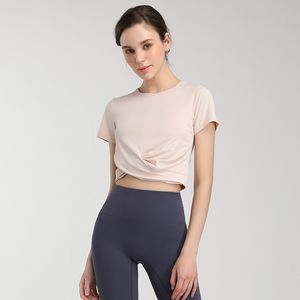 LU-004 Avec Logo Tenues de Yoga T-Shirt à manches courtes Tissu à séchage rapide Haut respirant pour femme Short Nombril Show Running Sports Yoga Tops