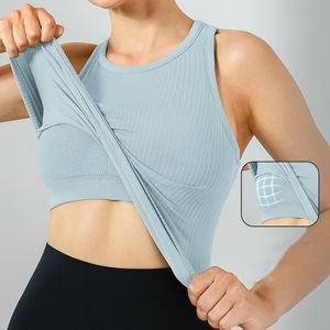 LU-Camisetas sin mangas de yoga para mujer, chaleco deportivo acanalado de alta elasticidad con almohadilla para el pecho, correr en forma de H desnudo sin costuras integrado