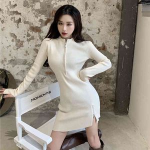 Lucyever automne épais mi-long longueur femmes robe fermeture éclair fente pull tricoté robes femme Sexy mince Empire vêtements femme 210521