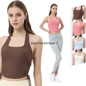 Camiseta sin mangas de yoga con espalda abierta Lu Camiseta sin mangas deportiva con cordón para mujer con almohadillas para el pecho Camiseta de yoga rosa con cuello colgante Sujetador deportivo para correr a prueba de golpes