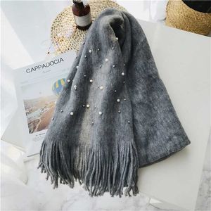 LunaDolphin Mujeres Invierno Scaves Cálido Punto Blanco Perla Nail Bead Bufandas Suaves Borla Lana Big Tippet Pashmina Manta Mantón 220114