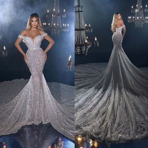 Luxuriant Mermaid Dress V-Neck Off-the-Shoulder Backless Shining Beading Applique Tulle Plis Ruching Deep Cathedral Prom Plus Size Celebrity Dress Vestido