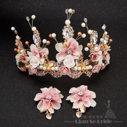 Corona de lujo para mujer, Tiara Floral de cristal, joyería de perlas, corona nupcial dorada, ropa para el cabello, accesorios de fotografía de boda, ayudante