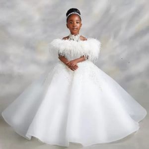 Luxueux dentelle perlée robes de fille de fleur robe de bal cristaux de cou transparent Organza Lilttle enfants anniversaire Pageant robes de mariée 2024nouveau