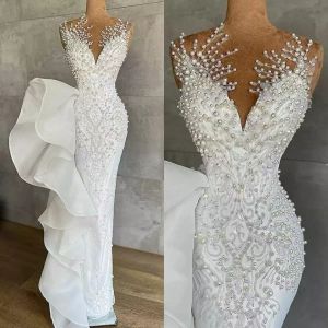 Lujosas perlas Sirena Vestidos de novia Cristales con cuentas Encaje Joya Cuello Lentejuelas Vestidos de novia Robe de mariee awef as