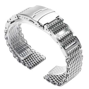 Bracelet de montre de luxe en acier inoxydable 20/22 / 24mm, maille de requin, bracelet de montre pliable en métal avec sécurité argent 2 barres à ressort H0915