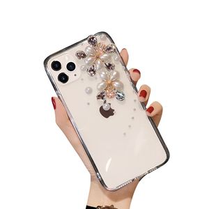 Luxe 3D Perle Fleur Téléphone Portable Cas Couverture Arrière Transparente Pour Apple IPhone14 Promax 13 12 11 Jolies Filles Antichoc Peau Sentir Mobile Téléphone Cas Shell Blanc
