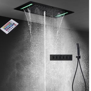 Juego de ducha de lluvia de lujo con 5 funciones, cabezal de ducha LED de techo empotrado para baño, Válvula mezcladora termostática, grifos negros