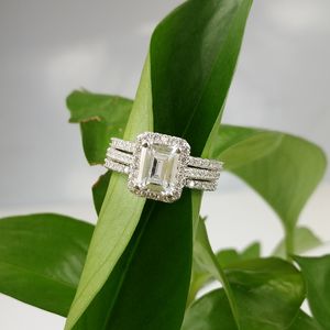 Bagues de fiançailles de luxe en argent sterling 925 pour femmes, coupe carrée émeraude, bagues en diamant simulé 3CT, ensembles de bijoux en or platine