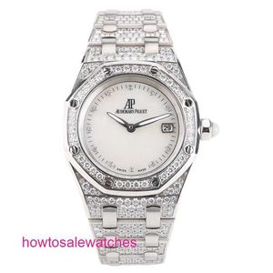 Luxury AP Wrist Watch Royal Oak Series 18K All White Gold Original Original Diamond Fritillaria Quartz Womens Watch 67602BC 33 mm