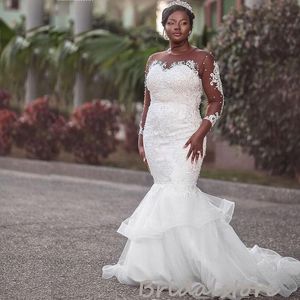 Lujo Aso Ebi sirena africana vestido de novia de talla grande de manga larga de encaje con cuentas vestidos de boda de campo con perlas 2022 apliques de trompeta batas de novia De Mariage