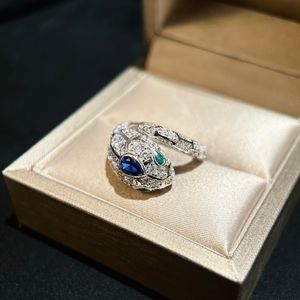 Anillos de banda de lujo Top S925 marca de plata esterlina diseñador azul cristal serpiente anillo abierto ancho para mujeres regalo de fiesta, joyería