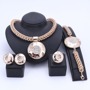 Conjuntos de joyas de cristal chapado en oro de Dubái grande de lujo, moda nigeriana, boda, cuentas africanas, collar, brazalete, pendiente, anillo