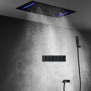 Sistema de ducha negro de lujo, 5 funciones, cabezal de ducha LED de techo, lluvia, cascada, niebla, baño, mezclador termostático, grifos
