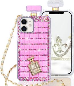 Fundas de teléfono con botella de perfume 3D Bling de lujo para iPhone 15 14 13 12 11 Xr 7 8 Elegante brillo Diamante completo Diamante de imitación con cubierta protectora de correa