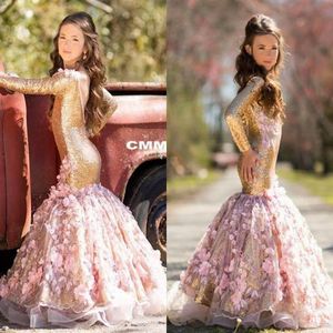 Luxury Blush 3D Flores florales Vestidos del desfile Sirena Sin respaldo Lentejuelas doradas Niños pequeños Niños pequeños Prom Fiesta de noche Niñas de flores Dr231S