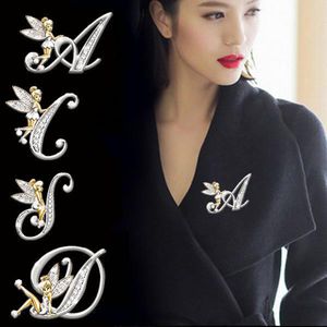 Broche de luxe elfe ange Alphabet A-Z lettre épinglette femmes strass métal brillant revers col épingle écharpe vêtements décor bijoux
