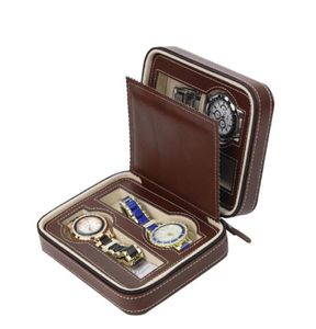 Luxury Brown Zippered Sport Storage Watch 4 Case Organizer en cuir Watch Boot Foot pour quatre montres Velvet doublure entier Boxe4221119