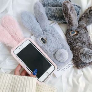 Luxe Bunny Rabbit Cases Fourrure Cheveux En Peluche Fuzzy Fluffy Big Ear Case pour IPhone 11 12 MINI Pro X XS MAX XR 7 6 6s Plus Phone Christmas Cover